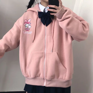 MISSYO เสื้อกันหนาวมีฮู้ดผู้หญิง ลายการ์ตูน มีซิป น่ารัก ผ้าสำลี หนื้อหนานิ่ม สไตส์เกาหลี