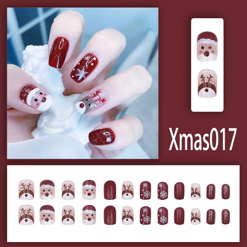 คริสต์มาส ปีใหม่สีแดงเล็บปลอมสำเร็จรูป 24 ชิ้น[R017]