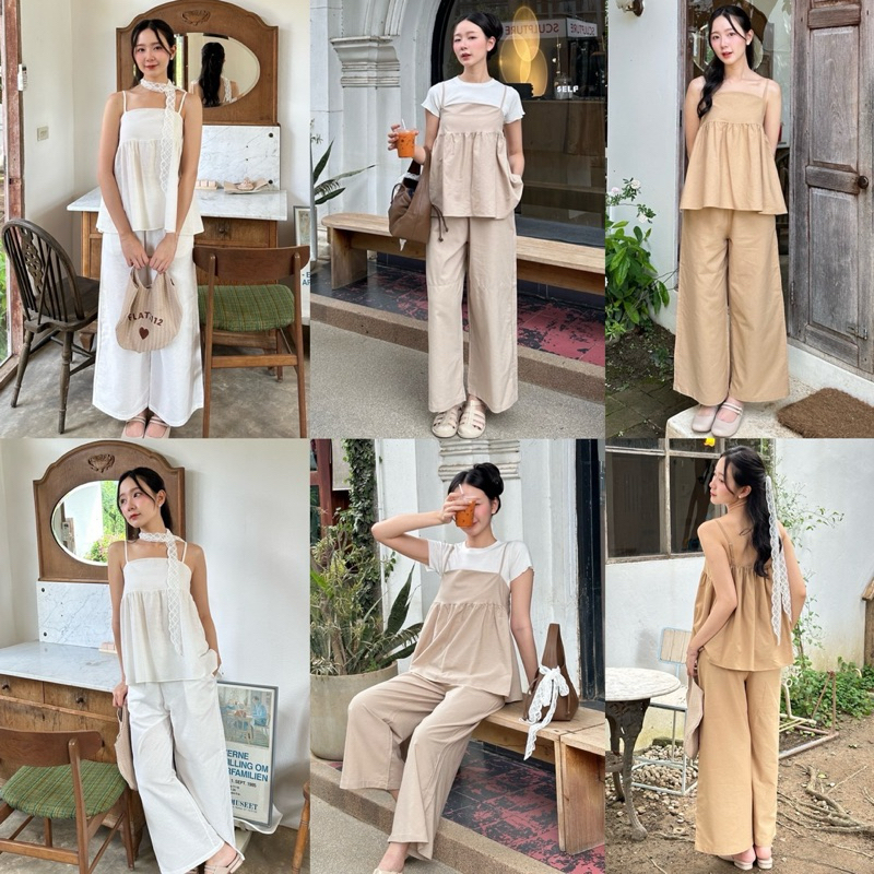 KORRA ·͜·♡ชุดเชตผ้าลินิน/เซทเอิร์ธโทน🤎เสื้อสายเดี่ยวปรับสายได้สม๊อคหลัง+กางเกงมีกระเป๋าล้วงสองข้าง✨โ