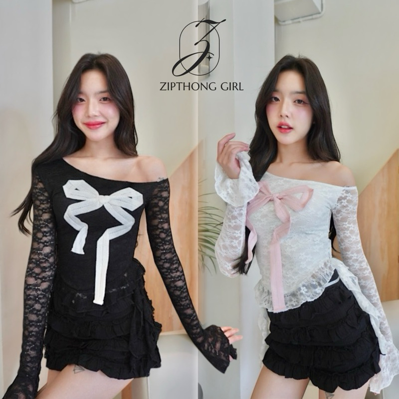 ZIPTHONG(JY01-พร้อมส่ง)เสื้อลูกไม้ซีทรูแขนยาวกรุยกราย