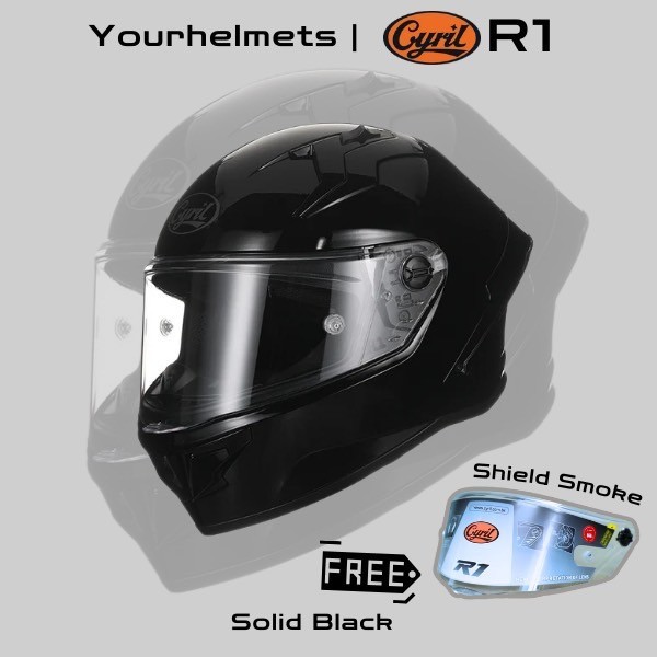 ฟรี!!! ชิลด์Smoke - หมวกกันน็อค Cyril R1 รุ่น Solid Black /ดำเงา #YourHelmets #ร้านดัง #ของดี #ราคาถูก