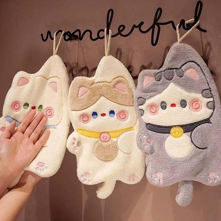 ผ้าขนหนูเช็ดมือรูปแมวน่ารักผ้าเช็ดทำความสะอาดห้องครัวแห้งเร็วผ้ากำมะหยี่ลายการ์ตูนสัตว์ที่แขวนอยู่ในห้องน้ำ