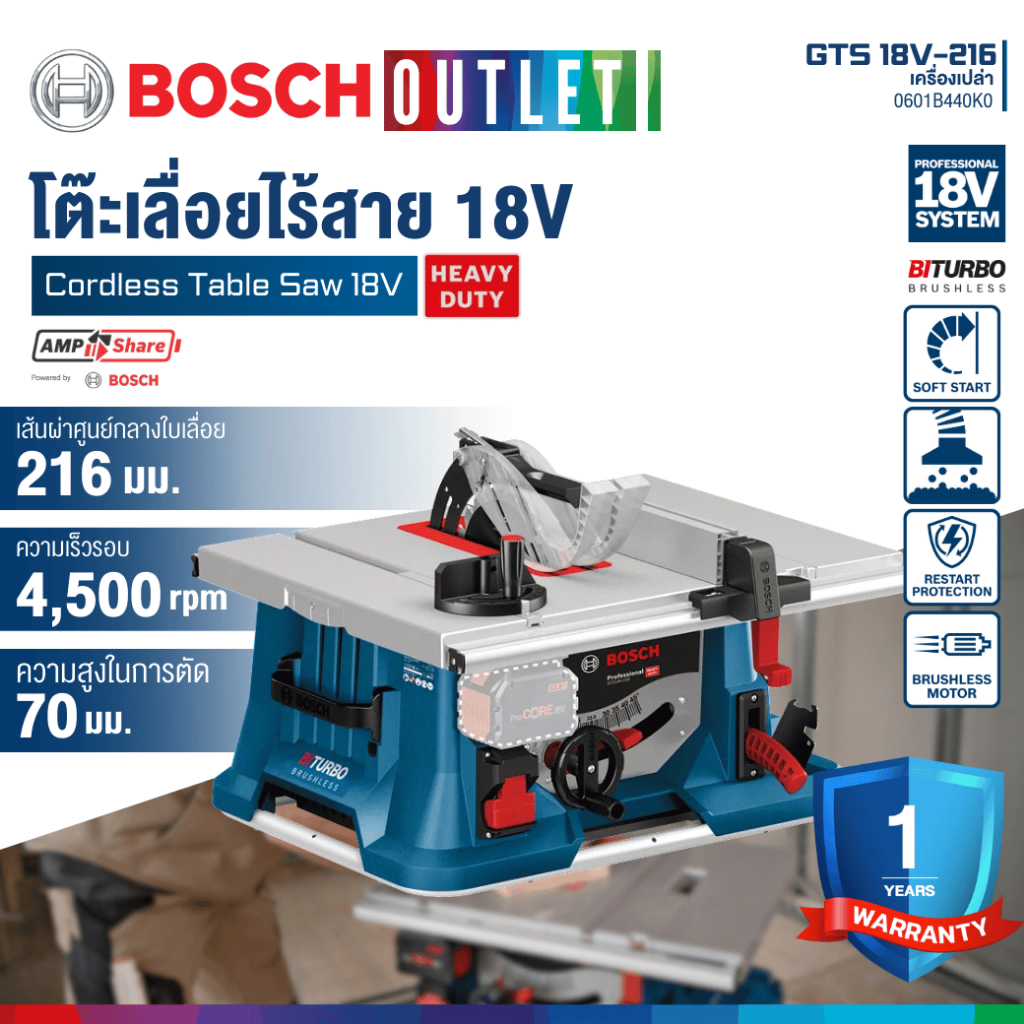 BOSCH GTS 18V-216 โต๊ะเลื่อยวงเดือนไร้สาย 8 นิ้ว 18V BITURBO #0601B440K0