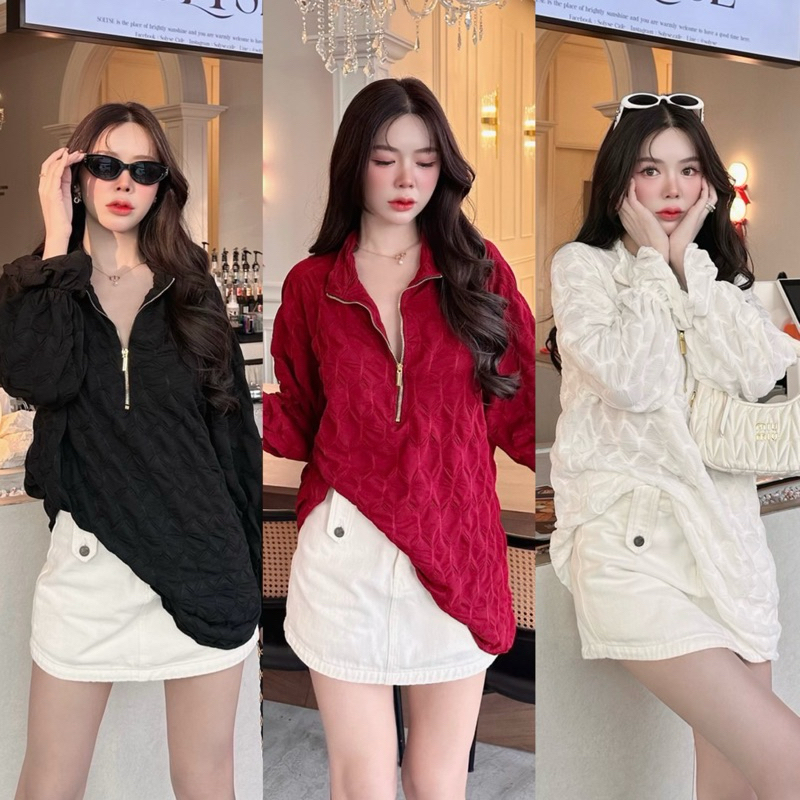 เสื้อ/มินิเดรส แขนยาว ผ้าซอฟนุ่ม แต่งดีเทลซิปทองคอวี ปลายแขนตุ๊กตา #sheeny