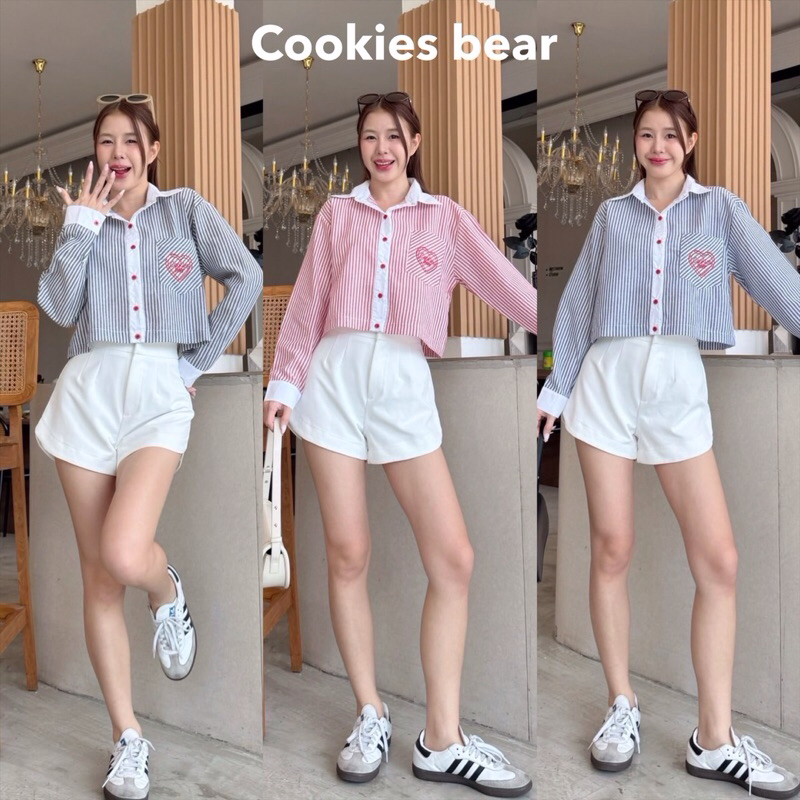 A118 - cookies bear เสื้อเชิ้ตคอปกทรงโอเวอร์ไซส์แขนยาวปักหัวใจกระดุมแดง