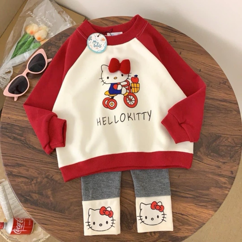 ดูงานจริงรูปสุดท้ายก่อนกดสั่ง ชุดเซตลูกสาว Hello Kitty กางเกงเล็กกิ้ง มีโบว์ติด3D