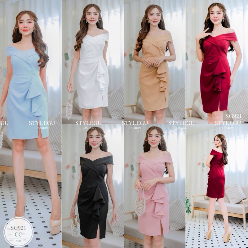 ML921 เดรสปาดไหล่คอวี อกมีฟองน้ำ ด้านหน้าแต่งระบายสวยๆ