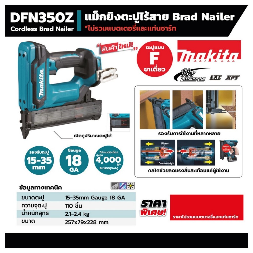 MAKITA DFN350Z DFN350 แม็กยิงตะปู แม็กยิงตะปูไร้สาย แม็กไร้สาย เครื่องเปล่าไม่มีแบตและแท่นชาร์จ สินค