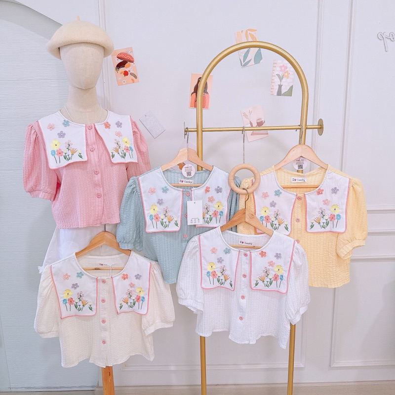 เสื้องานปัก ดีเทลปกเสื้อเเต่งเหลี่ยม กระดุมรูป ผ้าไม่ต้องรีด