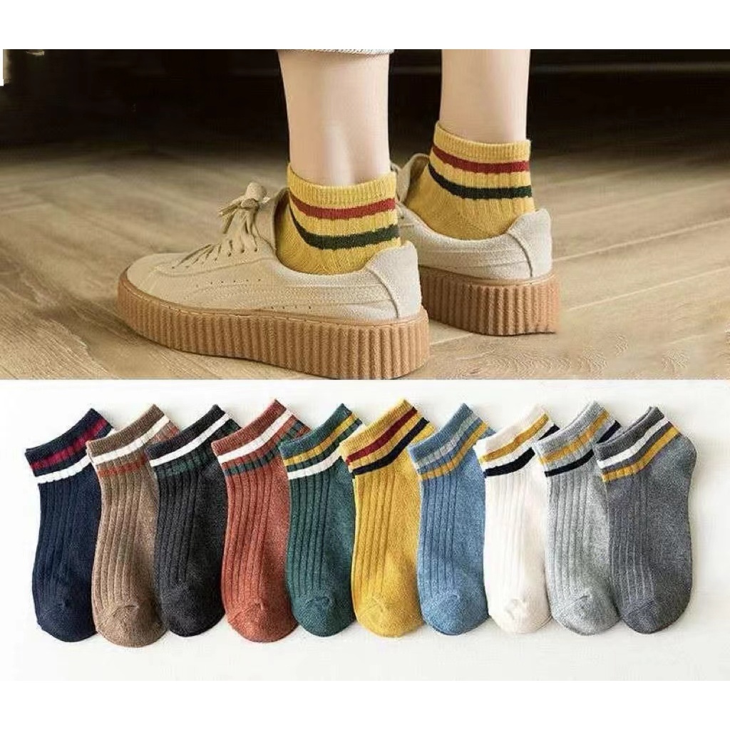 ถุงเท้าสีพื้น 10สี ข้อคาดสี ถุงเท้าข้อสั้น แฟชั่น ลายน่ารักเนื้อผ้านุ่ม 1แพ็ค10คู่ (คละสี)