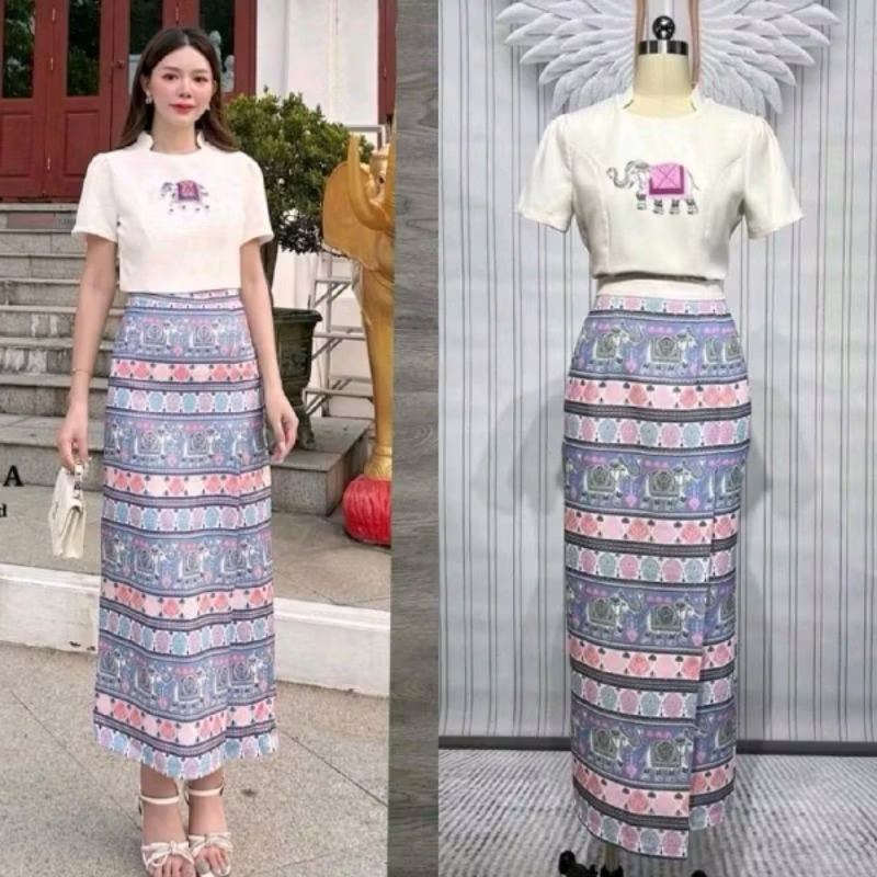 เช็ทเดรสงานลายช้างใส่ไปทำบุญ งานต่างๆได้สบาย มีไซส์ ถ่ายจากงานจริง