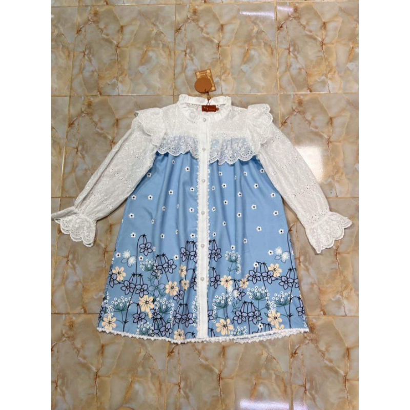 (S) ส่งพรุ่งนี้🌷ชุดเดรสสีฟ้าแขนยาวลูกไม้ปักฉลุสีขาวลายดอกไม้ งานป้าย NT Princess แท้ มือ1 ป้ายห้อย