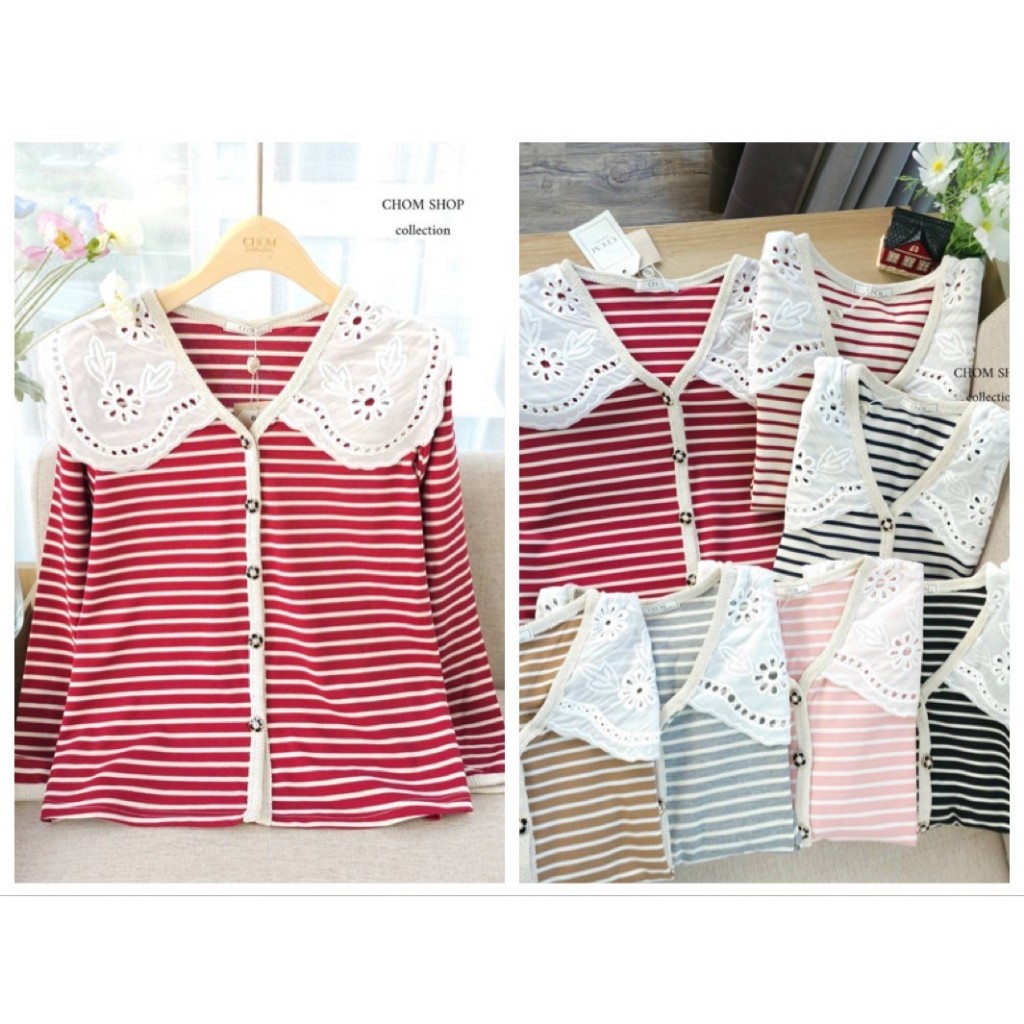 ป้าย CHOM เสื้อผ้าคอตตอนยืดปกลูกไม้ฉลุลายสีขาว อก 42 นิ้ว ยาว 23 นิ้ว