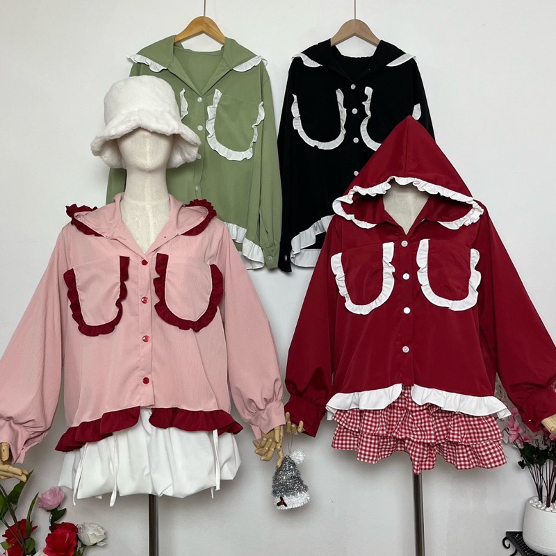 เสื้อเเขนยาวมีฮู้ดแต่งระบาย ทรงโอเวอร์ไซส์ อก 32-50 นิ้ว