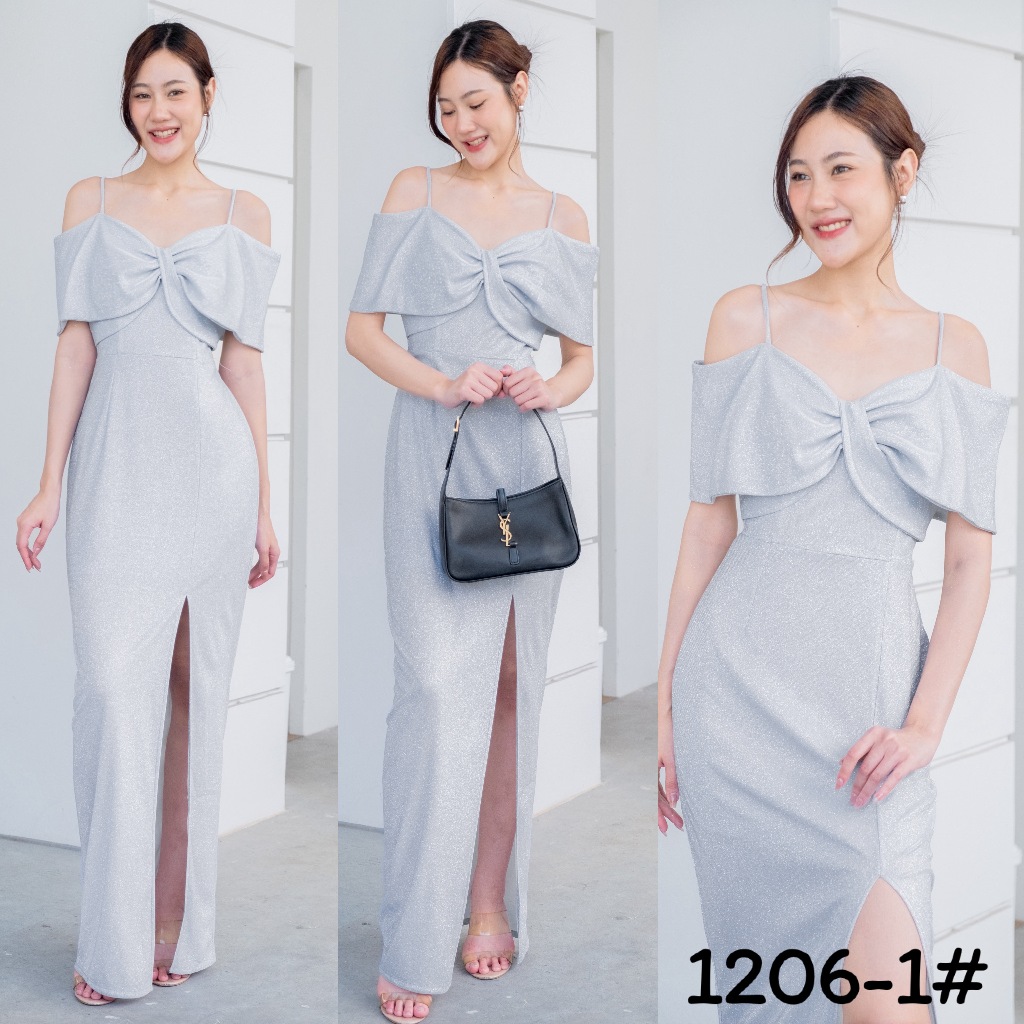 [LUXURY707] FN1206-1 ชุดออกงานยาว ชุดราตรีเปิดบ่า ผ้าglitter