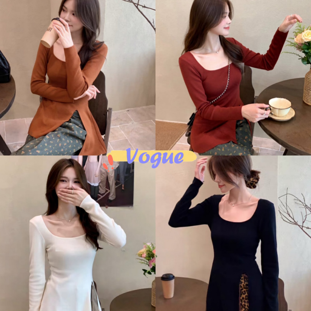 Vogue พร้อมส่ง เสื้อไหมพรมแขนยาว คอกลม เป็นทรงเข้ารูป ร่องด้านล่าง ใส่สบาย (Z-PM34)