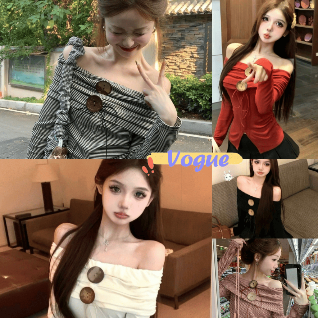 Vogue พร้อมส่ง เสื้อสเวตเตอร์แขนยาวปิดไหล่ เสื้อแขนยาวไหล่เดียว พร้อมของตกแต่งอื่นๆ (25116)