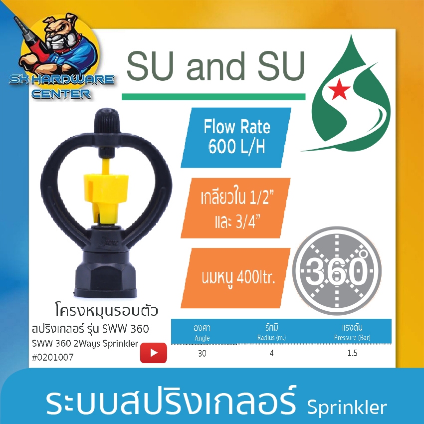 สปิงเกอร์ 2WAYโครงหมุนรอบ ขนาดเกลียว 1/2" - 3/4" รัศมีของน้ำ 4เมตร ปริมาณน้ำ 600ลิตร/ช.ม. SU AND SU รุ่น SWW 360