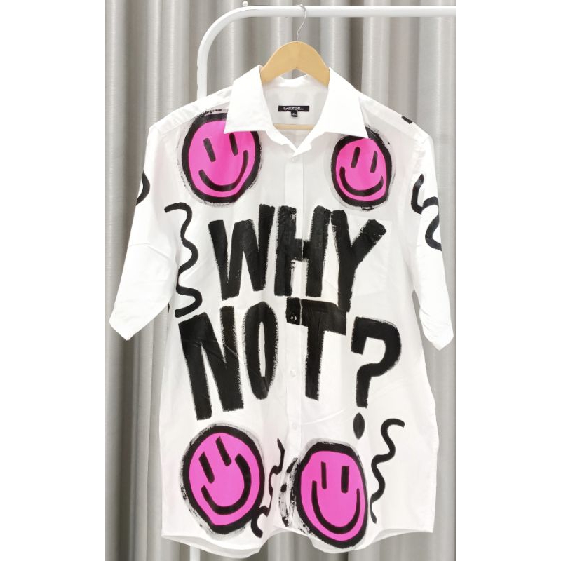 เสื้อเชิ้ตเพ้นท์ลายยิ้มชมพู🩷why not ?