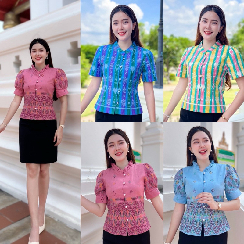 เสื้อผ้าฝ้ายคอจีนพิมพ์ลาย ทรงจิตลดา คอจีน และคอระบาย