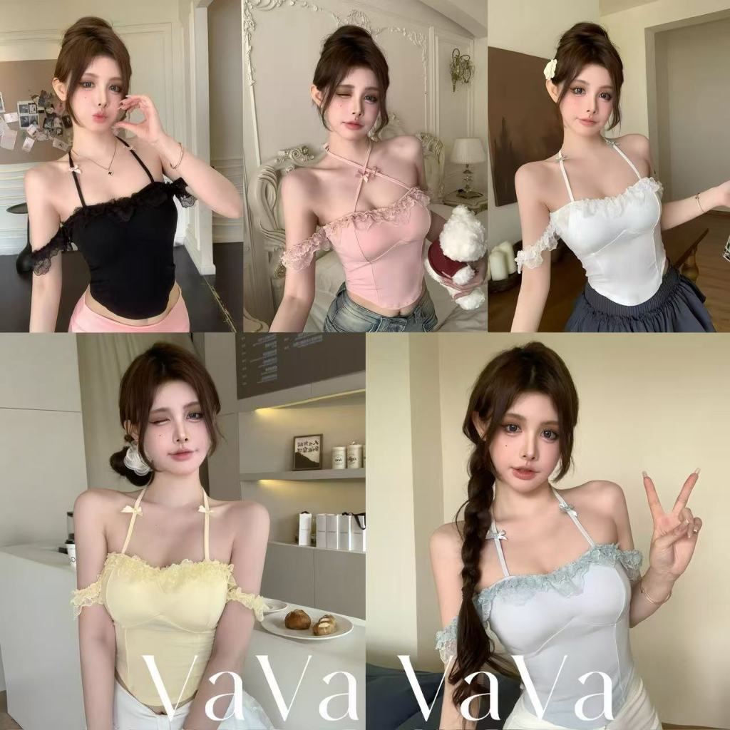 VaVa  มีสินค้า เสื้อสวยลูกไม้คล้องคอเปิดไหล่ติดโบว์ปรับใส่ได้หลายแบบสวยหวานน่ารักสาวตีสาวเกาหลี พร้อมแผ่นรองหน้าอก