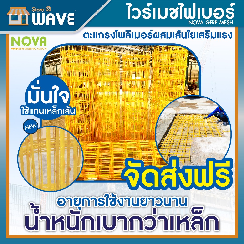 NOVA Mesh (ไวร์เมชไฟเบอร์) 2.4, 2.8, 3, 3.4, 3.5, 3.8, 4, 6 mm. ขนาด 2x25 เมตร(50 ตรม.)ตาห่าง 20x20 ไวร์เมช วัสดุแข็งแรง
