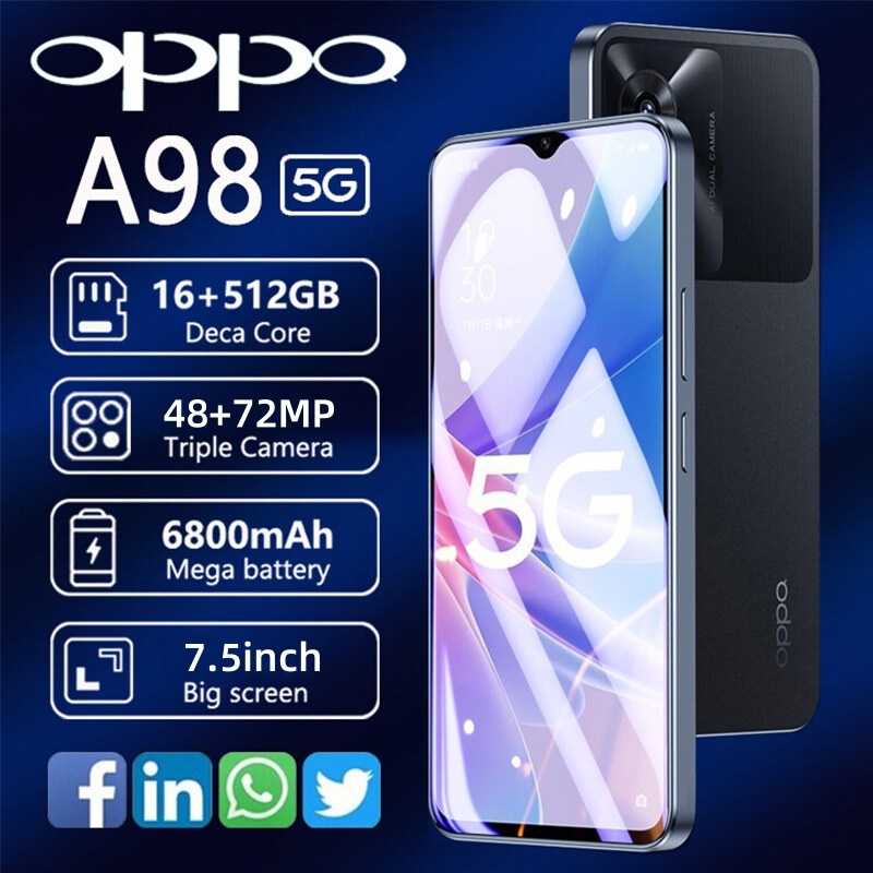 โทรศัพท์ A98 แรม16GB รอม512GB หน่วยความจําขนาดใหญ่ รองรับ2ซิม 6.7นิ้ว หน้าจอเต็ม รองรับการจดจําใบหน้า โทรศัพท์ถู