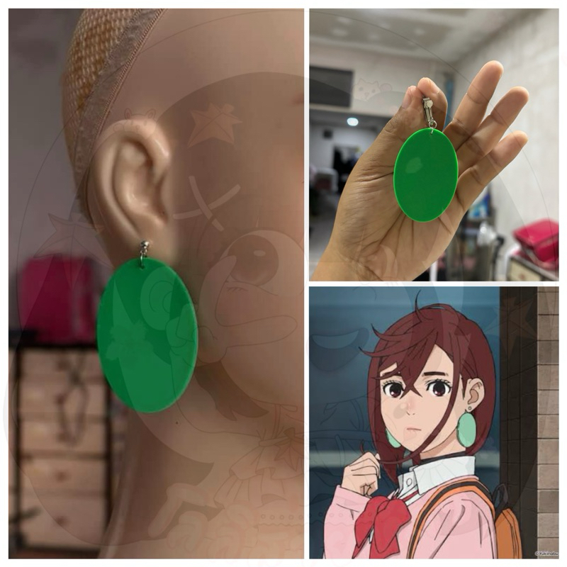 ต่างหูกลมสีเขียว ต่างหูโมโมะ Dandadan หนีบ / เจาะ | พร้อมส่งในไทย