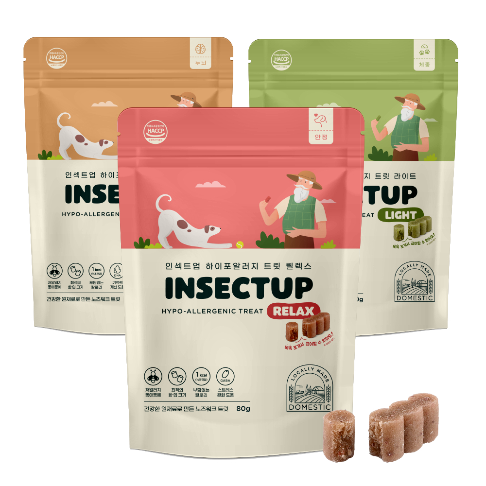 ขนมน้องหมาเกาหลี insectup hypoallergenic ขนาด 80g โปรตีนจากแมลง สำหรับน้องหมาทีแพ้ง่าย มีทั้งหมด 3 สูตร ลักษณะนิ่ม