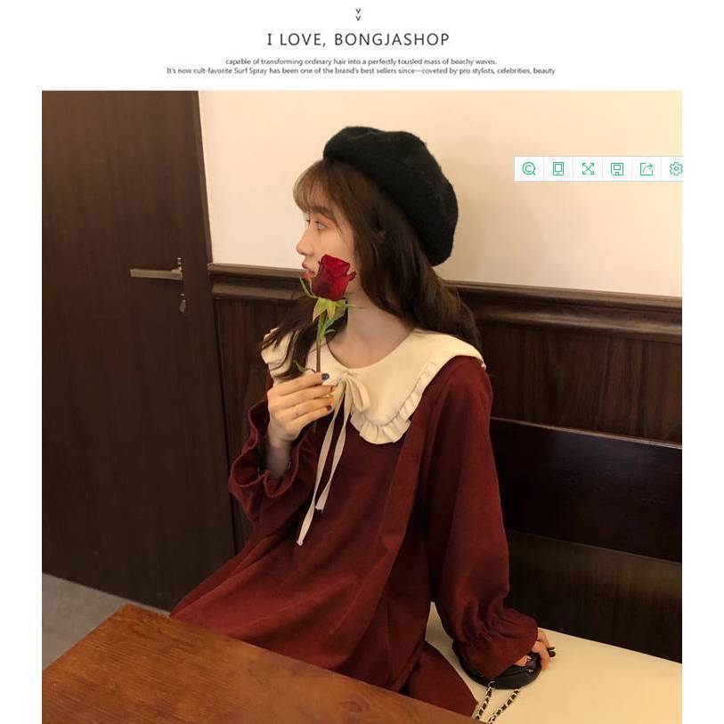 Intelscore 🍄ชุดสตรีสีแดง คอตุ๊กตา เดรสสั้นสไตล์เรโทร เดรสผ้าลูกฟูกสีแดง ชุดปาร์ตี้ ชุดเทศกาล~ - รูปที่ 2