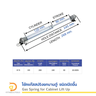 โช้คแก๊สสปริงยกบานตู้ ชนิดเปิดขึ้น 1ชิ้น (Gas Spring for Cabinet Lift Up, 1 piece)