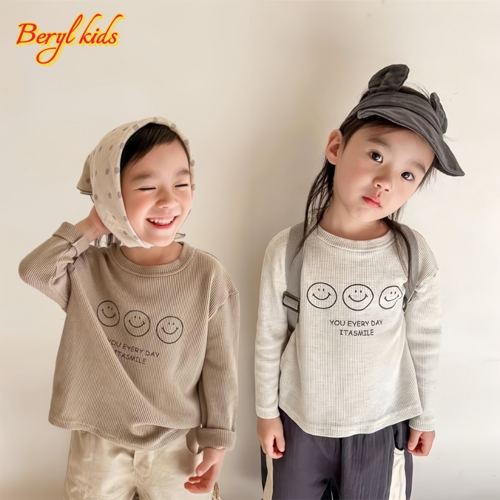 Beryl kids🌸เสื้อเด็กแขนยาวแฟชั่น🎀ลายหน้ายิ้ม งานผ้าร่อง สไตล์เกาหลี รุ่นใหม่ ฤดูใบไม้ร่วง สำหรับเด็กหญิงและเด็กชาย