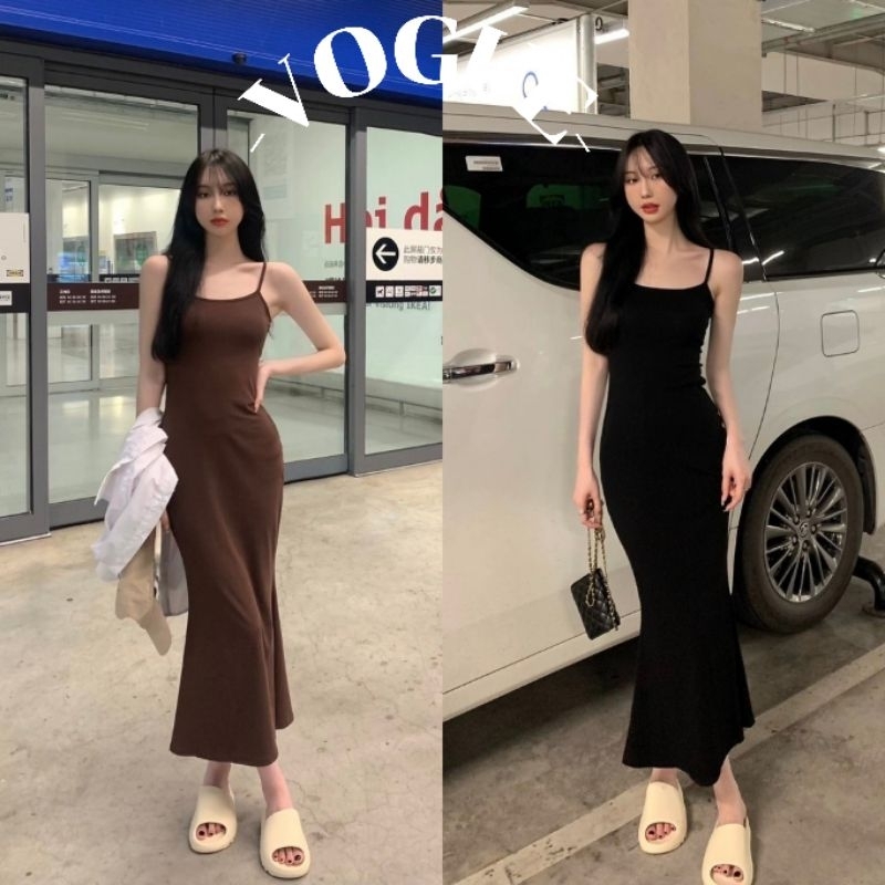 Vogue พร้อมส่ง ชุดเดรสบอดี้คอนสายเดี่ยว แบบยาว เซ็กซี่แน่น สายเดี่ยว (FY8785)