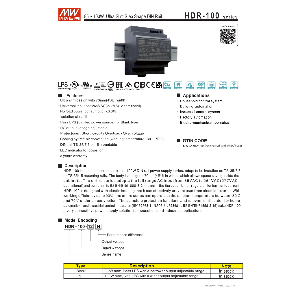 HDR-30-24, HDR-60-24, HDR-100-24 สวิทชิ่งเพาเวอร์ซัพพลาย Power supply  MEANWELL HDR-15-24
