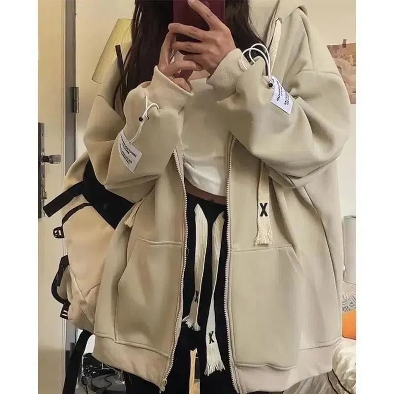 เสื้อแขนยาวกันหนาวมีฮู้ด Oversize (อก 48 นิ้ว) สีพื้นเรียบๆ ซิปหน้า มีกระเป๋า ผ้าสำลี/ผ้าคอตตอล B100