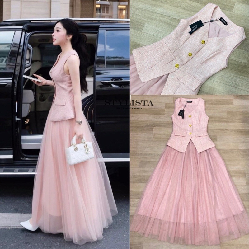 M1 งานป้าย Stylista Set ชุดเซ็ทเสื้อสูทแขนกุด + กระโปรงยาวผ้ามุ้ง สำหรับผู้หญิง เสื้อผ้าแฟชั่นผู้หญิ