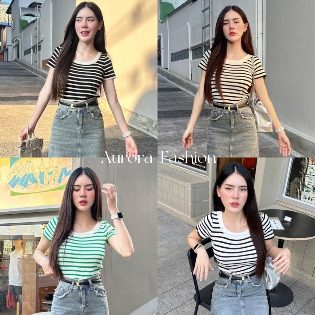Aurora 🛒พร้อมส่ง🚚 (88618) เสื้อไหมพรมแขนสั้น เชิ้ตลายทาง คอกลมT恤 แมทช์ง่ายสุดๆ ผ้าถัก เนื้อผ้านุ่มลื่น