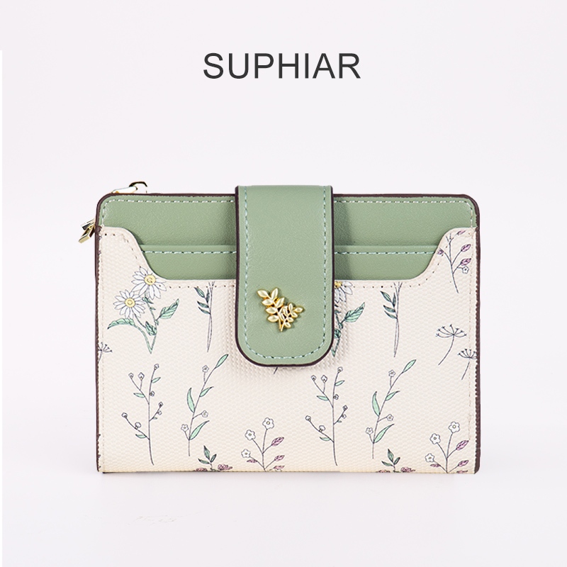 SUPHIAR กระเป๋าสตางค์ผู้หญิงแบบสั้น 2026 ลายดอกไม้สีเขียว กระเป๋าใส่เหรียญและบัตร ดีไซน์ทันสมัย