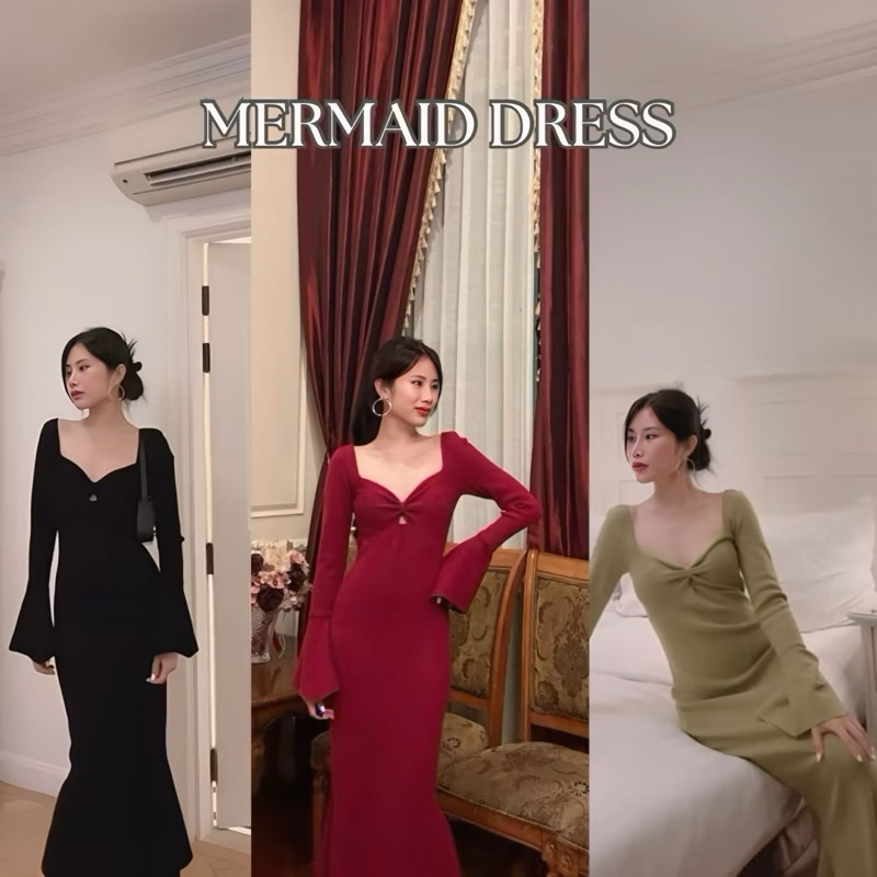 KANYA - Mermaid Dress เดรสไหมพรม กระโปรงหางปลา แขนกระดิ่ง ดีไซน์จับจีบที่หน้าอกและหัวไหล่ (4G-4I) / (17E-17G)