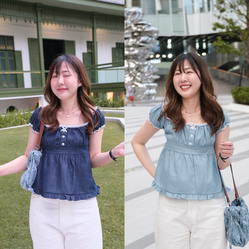 Chakiya.store เสื้อคอเหลี่ยมแต่งลูกไม้ ผ้ายีนส์น่ารักมากก