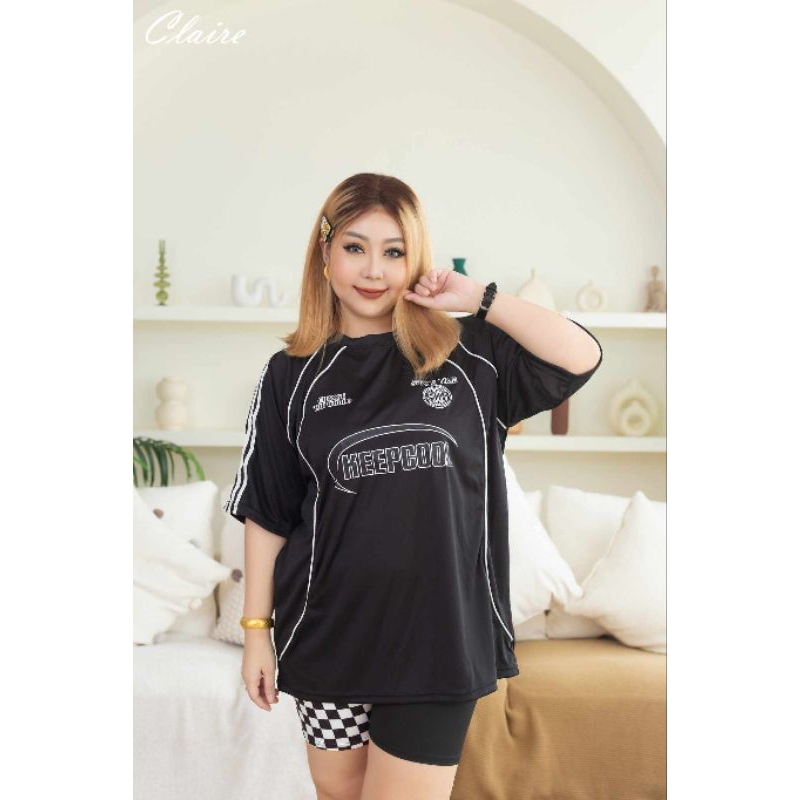 เสื้อกีฬาไซส์ใหญ่ งานแบรนด์ งานลักซ์ชู คอกลม ไหล่สโลป แต่งแถบกุ๊น ทรงโอเวอร์ไซส์ อกหน้าผ้า 52" ยาว 30" นิ้ว(คอกลมcool)