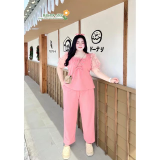 ชุดเซ็ทขายาวใส่ออกงานสำหรับสาวอวบอ้วนแต่งแขนผ้ามุ้งดอกไม้สวยหวานก่งเกงผ้ายืดใส่สบาย