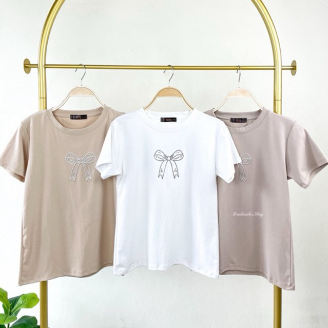 เสื้อยืดคอกลมรีดโบว์ เสื้อแฟชั่นผู้หญิง ผ้าคอตคอนยูนิ สลิมฟิต Lady