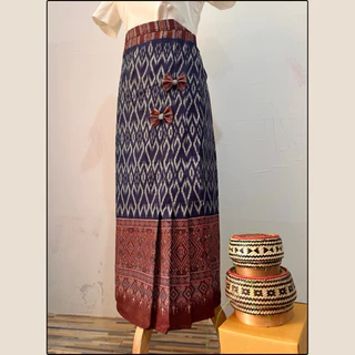 ผ้าถุงสำเร็จ สีดำ ผ้าซิ่นเย็บสำเร็จผ้าฝ้ายจับจีบติดโบว์เอวฟรีไซส์8