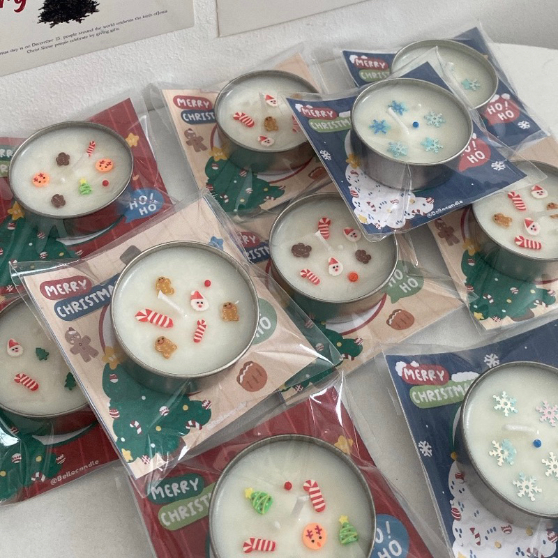 เทียนหอมคริสมาสต์ tealight 15g ของขวัญคริสต์มาสน่ารักๆ (วงกลมเหล็ก+ซองฝากาว+กระดาษรอง)
