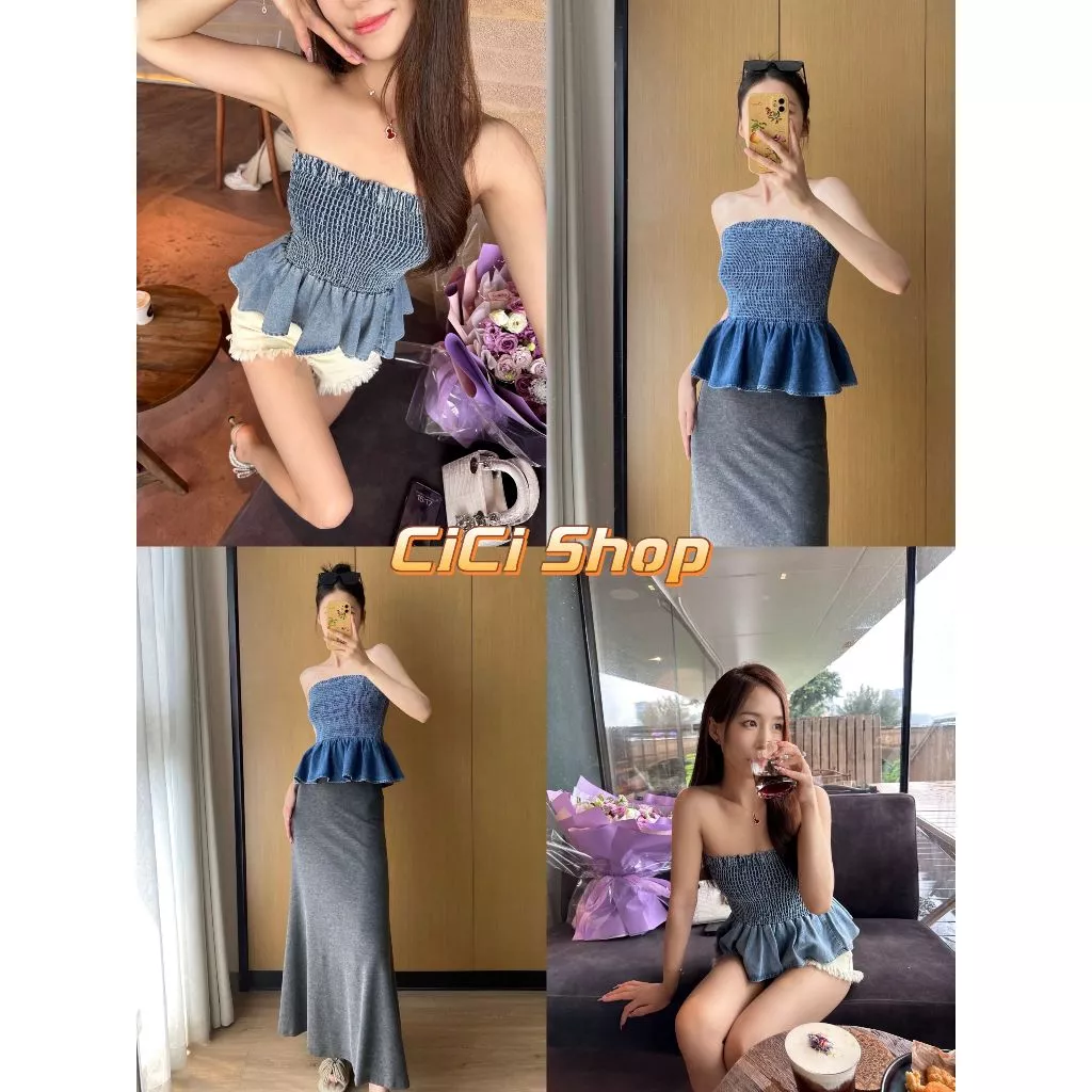 Cicishop(J1596) เสื้อเกาะอก/กระโปรง ยีนส์ดีเทลสม็อครอบตัวใส่ได้2แบบ เก๋ๆชิคๆ