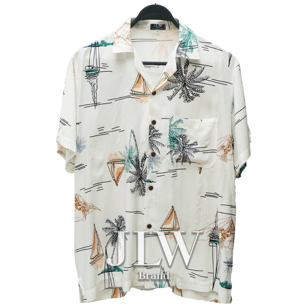 เสื้อฮาวาย ลายเรือใบมะพร้าว ขาว ผ้านิ่ม M L XL Oversize คอฮาวาย JLW BRAND