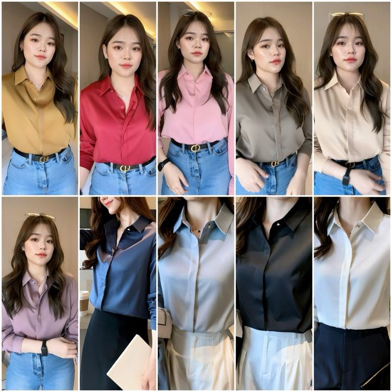 D015 เสื้อเชิ้ตผ้าซาตินพรีเมี่ยม ไซส์ 2XL-3XL  คอแต่งกระดุมเพชร งานซ่อนกระดุม ผ้านิ่มลื่นใส่ไม่ร้อน พร้อมส่ง