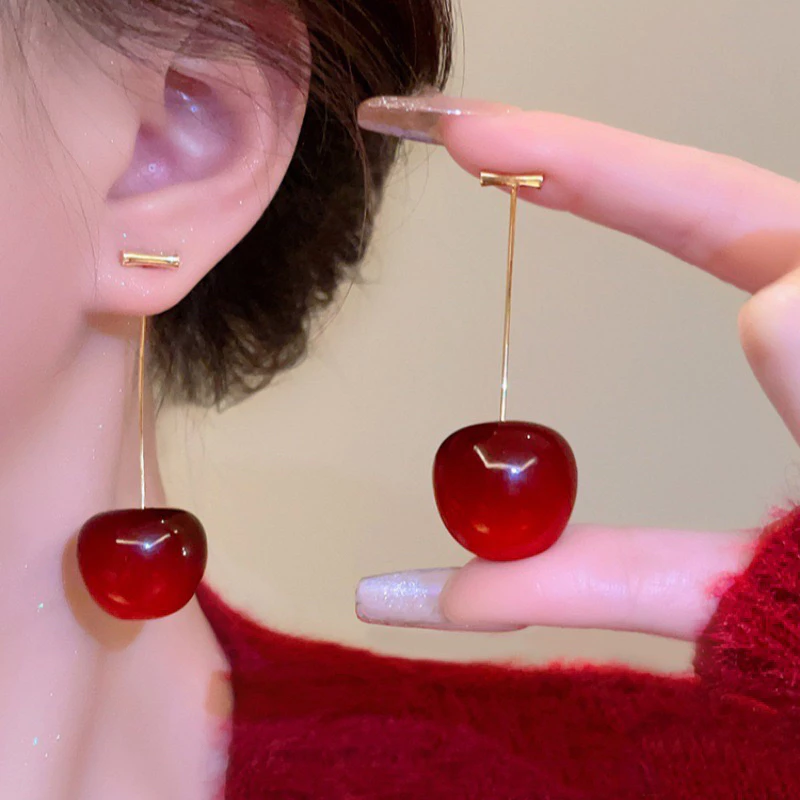 🍒พร้อมส่งจากไทย🍒D-11Cherry earingต่างหูเชอร์รี่ก้านยาวขนาด2cm.ต่างหูcherryสีแดง