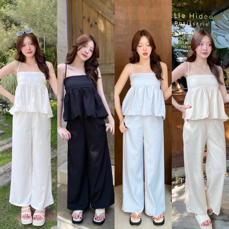 Teera❤️พร้อมส่ง✨🫶🏻งานชุด Set ผ้าครัชเสื้อสายเดี่ยวทรงบอลลูนสม็อคหลังปรับสายได้ กางเกงมีกระเป๋าล้วงสองข้าง🫶🏻nanny